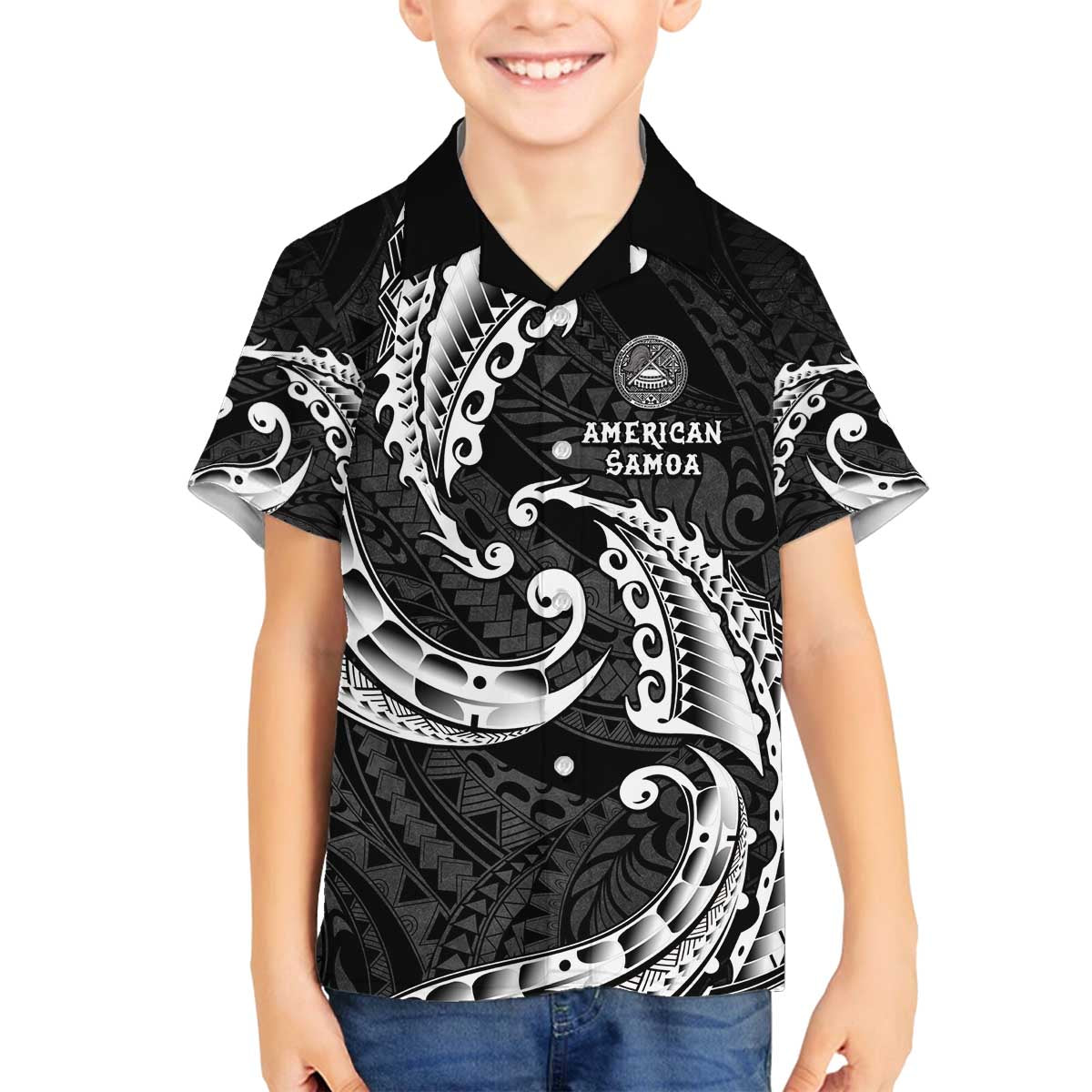 AAPI Heritage Month Family Matching Off The Shoulder Long Sleeve Dress and Hawaiian Shirt American Samoa Polynesian Tribal Wave