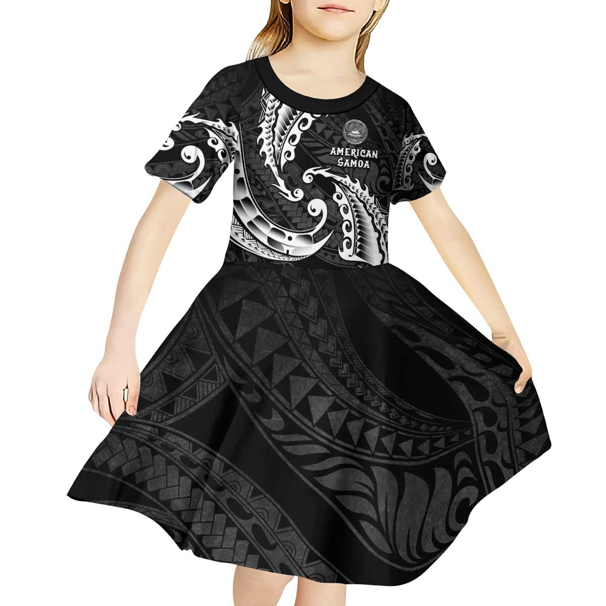 AAPI Heritage Month Kid Short Sleeve Dress American Samoa Polynesian Tribal Wave