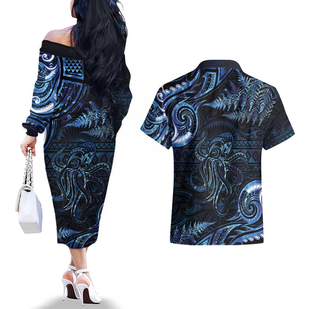 Aotearoa New Zealand Octopus Couples Matching Off The Shoulder Long Sleeve Dress and Hawaiian Shirt Silver Fern Maori Pattern LT05 - Polynesian Pride