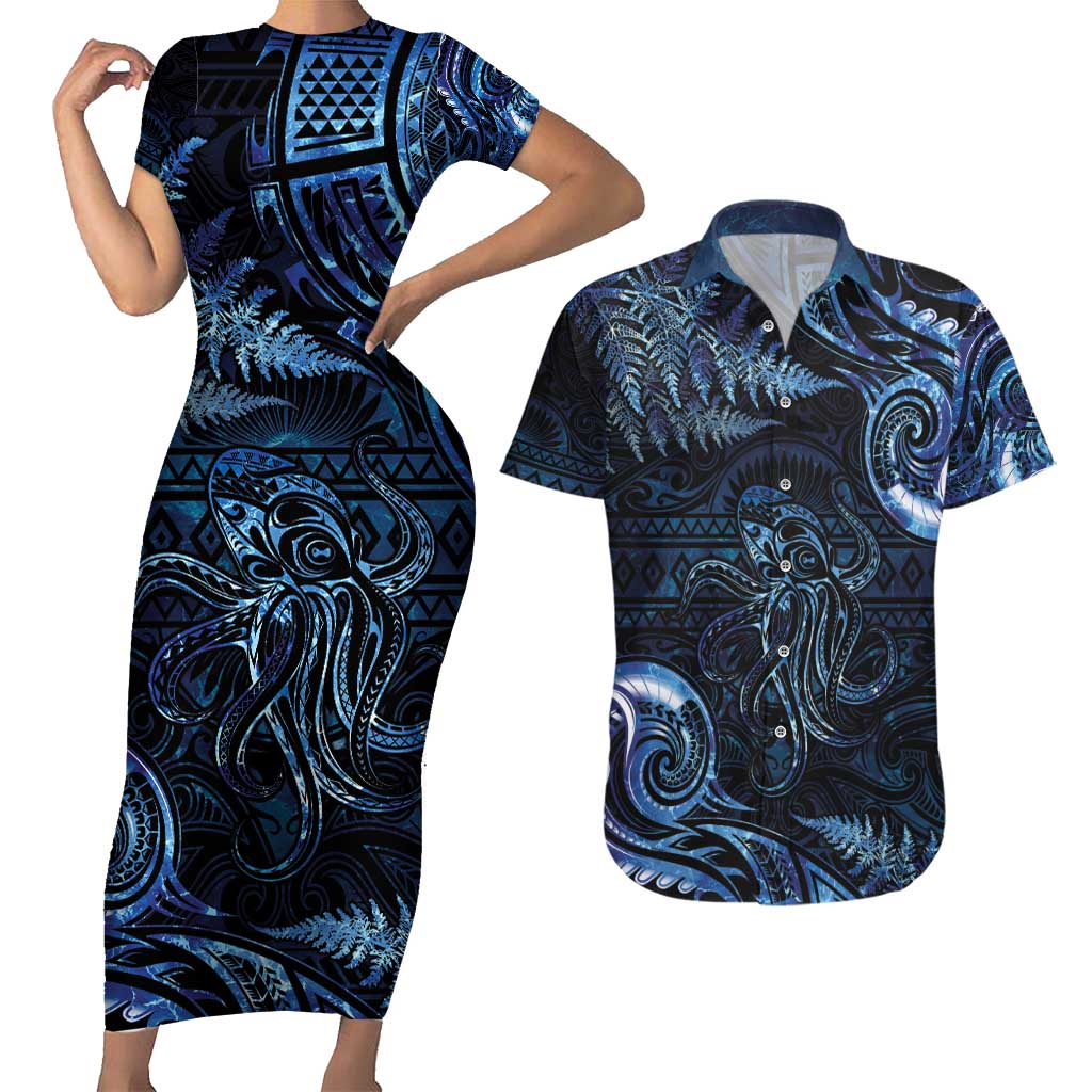 Aotearoa New Zealand Octopus Couples Matching Short Sleeve Bodycon Dress and Hawaiian Shirt Silver Fern Maori Pattern LT05 Blue - Polynesian Pride