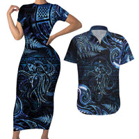 Aotearoa New Zealand Octopus Couples Matching Short Sleeve Bodycon Dress and Hawaiian Shirt Silver Fern Maori Pattern LT05 Blue - Polynesian Pride
