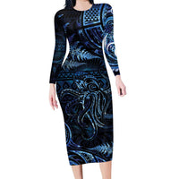 Aotearoa New Zealand Octopus Family Matching Long Sleeve Bodycon Dress and Hawaiian Shirt Silver Fern Maori Pattern LT05 Mom's Dress Blue - Polynesian Pride