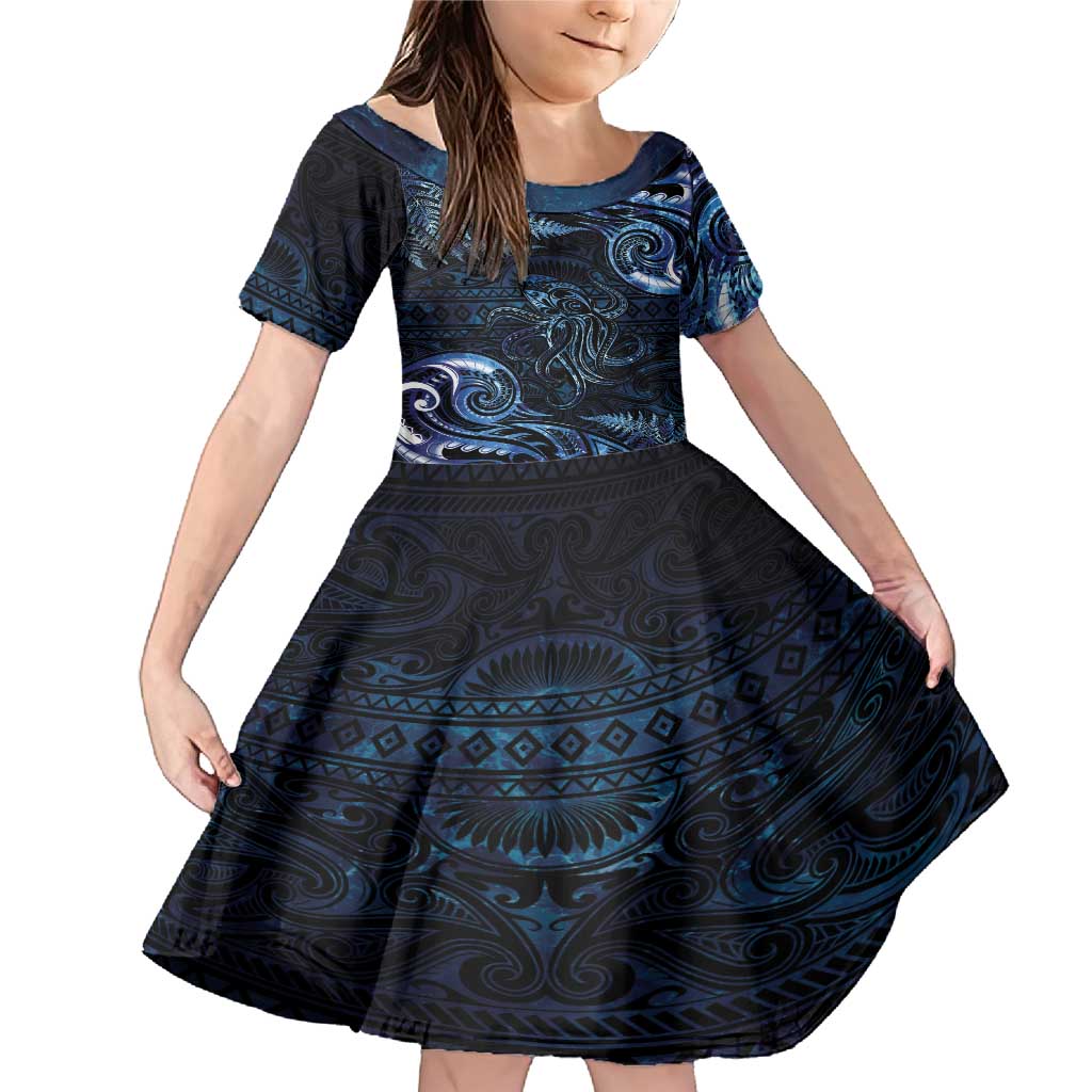 Aotearoa New Zealand Octopus Family Matching Mermaid Dress and Hawaiian Shirt Silver Fern Maori Pattern LT05 Daughter's Dress Blue - Polynesian Pride