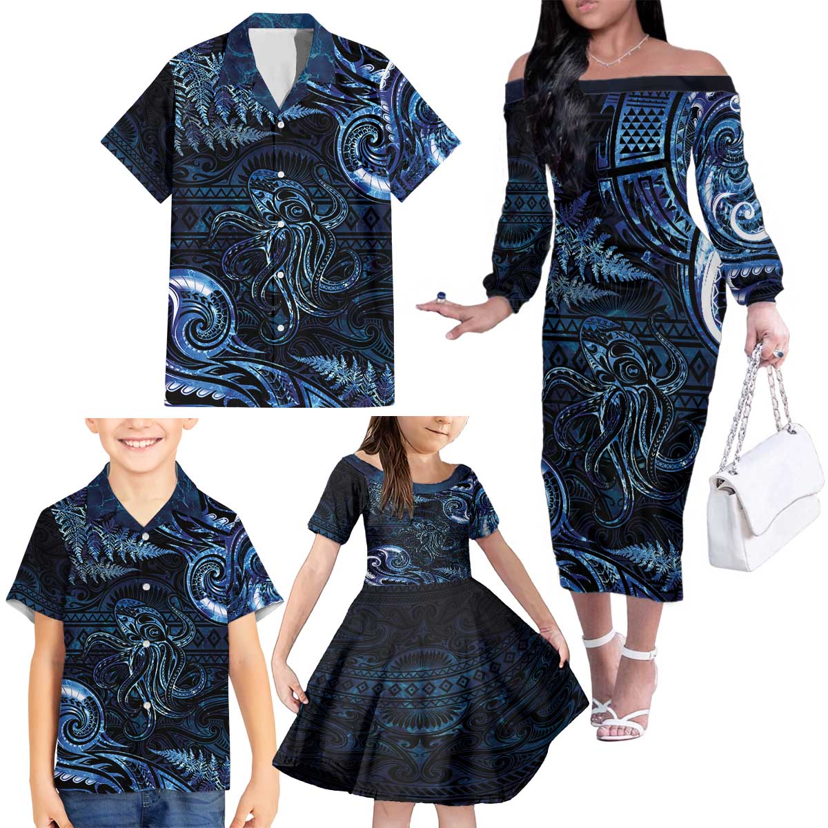 Aotearoa New Zealand Octopus Family Matching Off The Shoulder Long Sleeve Dress and Hawaiian Shirt Silver Fern Maori Pattern LT05 - Polynesian Pride