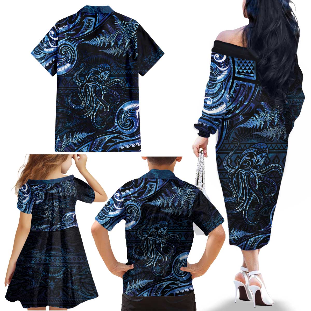 Aotearoa New Zealand Octopus Family Matching Off The Shoulder Long Sleeve Dress and Hawaiian Shirt Silver Fern Maori Pattern LT05 - Polynesian Pride
