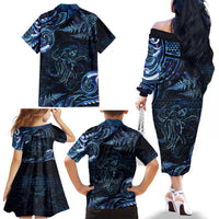 Aotearoa New Zealand Octopus Family Matching Off The Shoulder Long Sleeve Dress and Hawaiian Shirt Silver Fern Maori Pattern LT05 - Polynesian Pride
