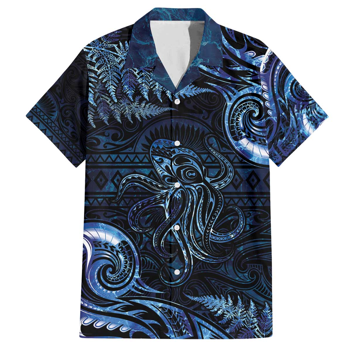 Aotearoa New Zealand Octopus Family Matching Off The Shoulder Long Sleeve Dress and Hawaiian Shirt Silver Fern Maori Pattern LT05 Dad's Shirt - Short Sleeve Blue - Polynesian Pride