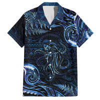 Aotearoa New Zealand Octopus Family Matching Off The Shoulder Long Sleeve Dress and Hawaiian Shirt Silver Fern Maori Pattern LT05 Dad's Shirt - Short Sleeve Blue - Polynesian Pride