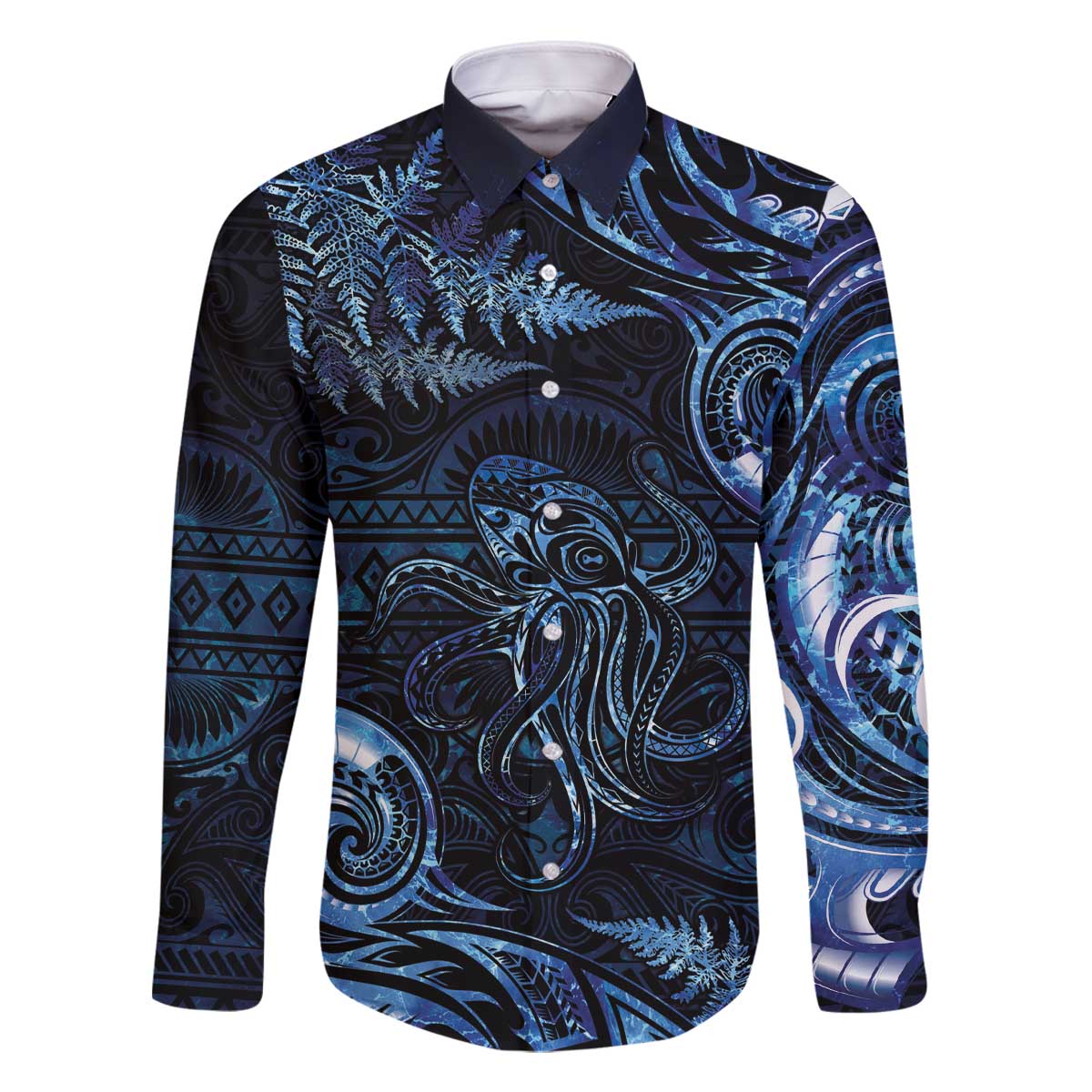 Aotearoa New Zealand Octopus Family Matching Off The Shoulder Long Sleeve Dress and Hawaiian Shirt Silver Fern Maori Pattern LT05 Dad's Shirt - Long Sleeve Blue - Polynesian Pride