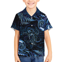 Aotearoa New Zealand Octopus Family Matching Off The Shoulder Long Sleeve Dress and Hawaiian Shirt Silver Fern Maori Pattern LT05 Son's Shirt Blue - Polynesian Pride