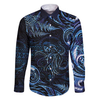 Aotearoa New Zealand Octopus Family Matching Off Shoulder Maxi Dress and Hawaiian Shirt Silver Fern Maori Pattern LT05 Dad's Shirt - Long Sleeve Blue - Polynesian Pride