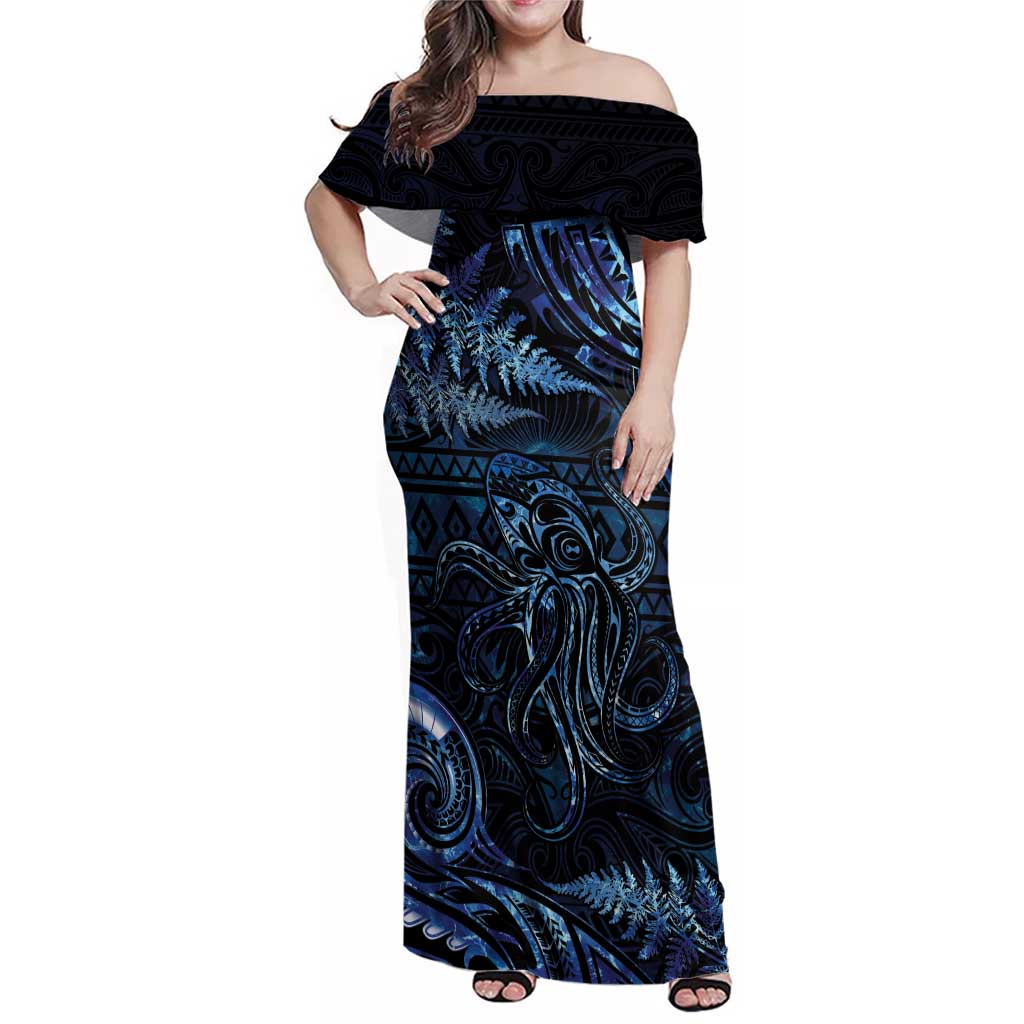 Aotearoa New Zealand Octopus Family Matching Off Shoulder Maxi Dress and Hawaiian Shirt Silver Fern Maori Pattern LT05 Mom's Dress Blue - Polynesian Pride
