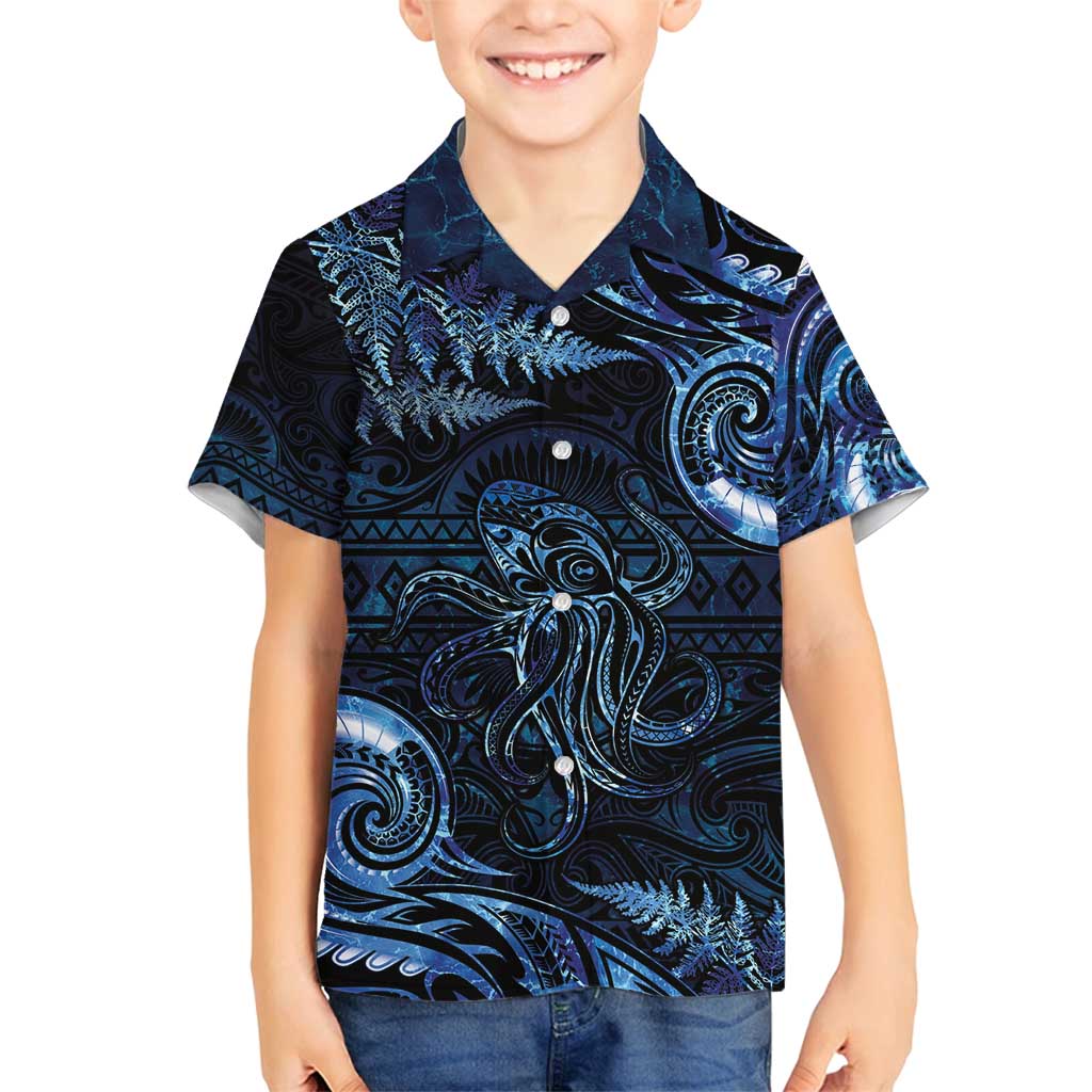 Aotearoa New Zealand Octopus Family Matching Off Shoulder Maxi Dress and Hawaiian Shirt Silver Fern Maori Pattern LT05 Son's Shirt Blue - Polynesian Pride