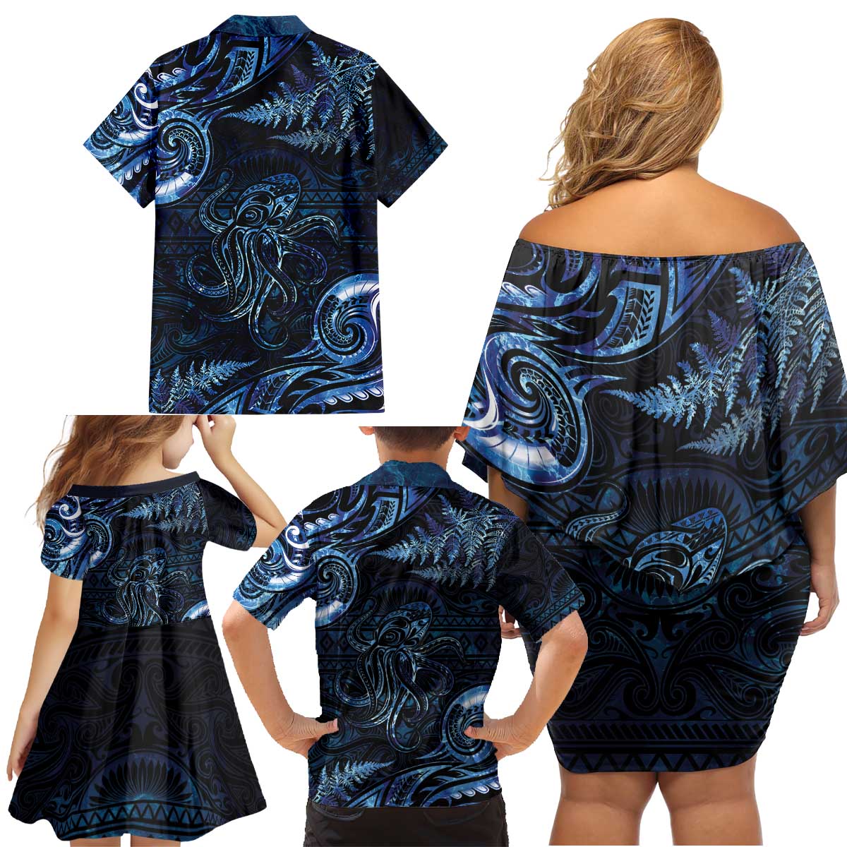 Aotearoa New Zealand Octopus Family Matching Off Shoulder Short Dress and Hawaiian Shirt Silver Fern Maori Pattern LT05 - Polynesian Pride