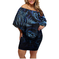 Aotearoa New Zealand Octopus Family Matching Off Shoulder Short Dress and Hawaiian Shirt Silver Fern Maori Pattern LT05 Mom's Dress Blue - Polynesian Pride