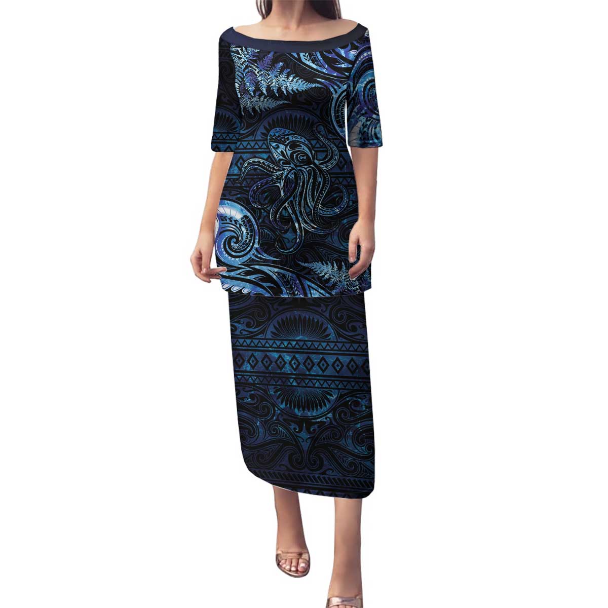 Aotearoa New Zealand Octopus Family Matching Puletasi and Hawaiian Shirt Silver Fern Maori Pattern LT05 Mom's Dress Blue - Polynesian Pride