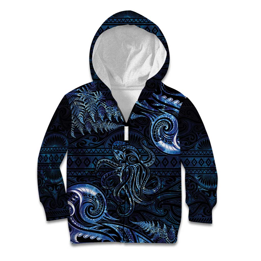 Aotearoa New Zealand Octopus Kid Hoodie Silver Fern Maori Pattern LT05 Zip Hoodie Blue - Polynesian Pride