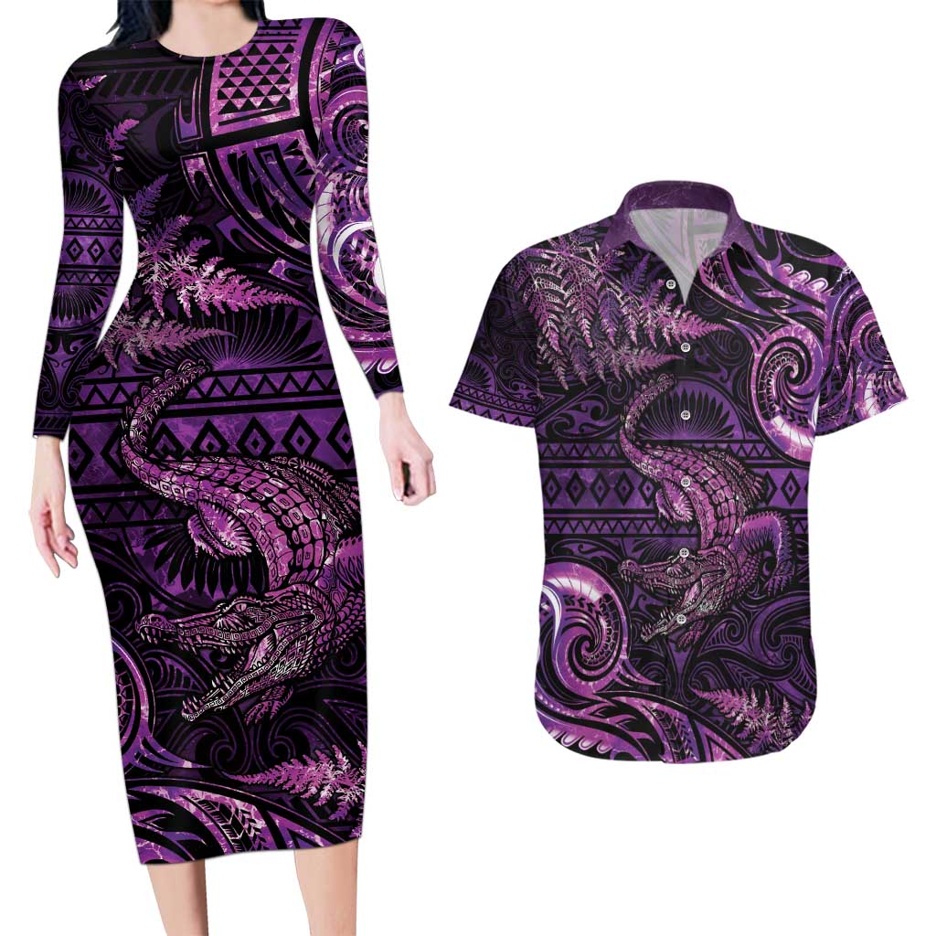 Aotearoa New Zealand Crocodile Couples Matching Long Sleeve Bodycon Dress and Hawaiian Shirt Silver Fern Maori Pattern LT05 Purple - Polynesian Pride