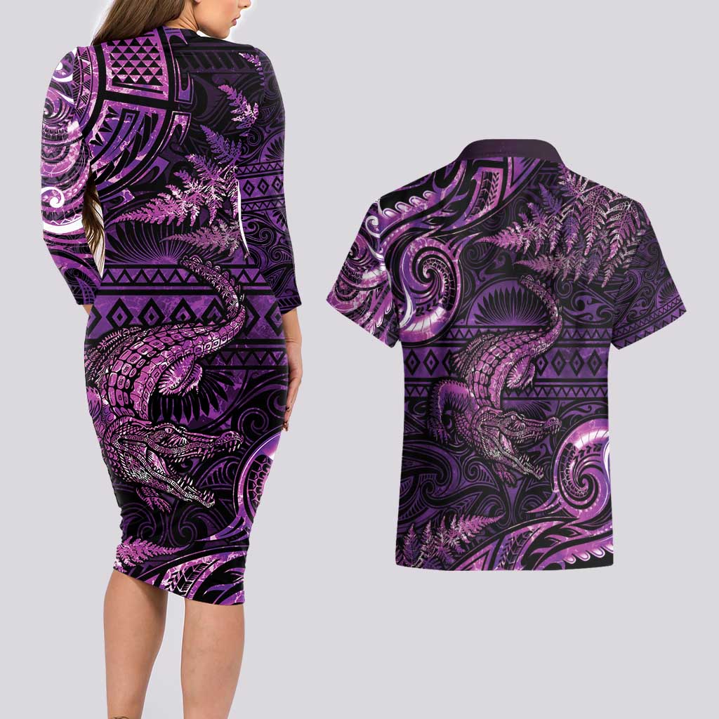 Aotearoa New Zealand Crocodile Couples Matching Long Sleeve Bodycon Dress and Hawaiian Shirt Silver Fern Maori Pattern LT05 - Polynesian Pride
