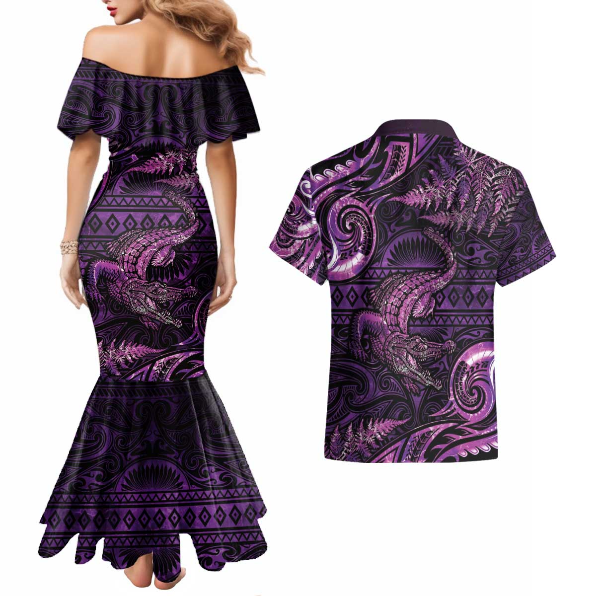 Aotearoa New Zealand Crocodile Couples Matching Mermaid Dress and Hawaiian Shirt Silver Fern Maori Pattern LT05 - Polynesian Pride
