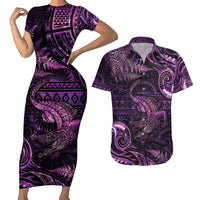 Aotearoa New Zealand Crocodile Couples Matching Short Sleeve Bodycon Dress and Hawaiian Shirt Silver Fern Maori Pattern LT05 Purple - Polynesian Pride