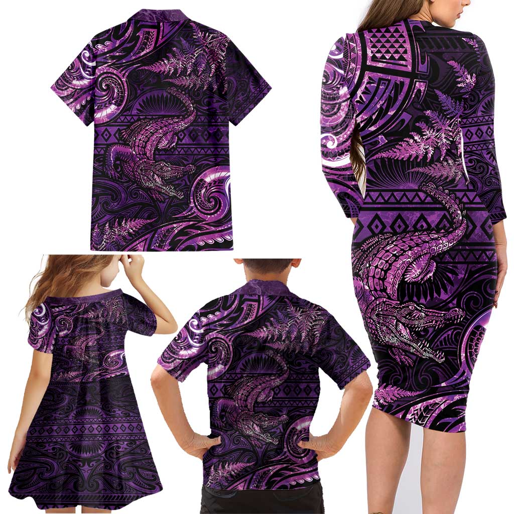 Aotearoa New Zealand Crocodile Family Matching Long Sleeve Bodycon Dress and Hawaiian Shirt Silver Fern Maori Pattern LT05 - Polynesian Pride