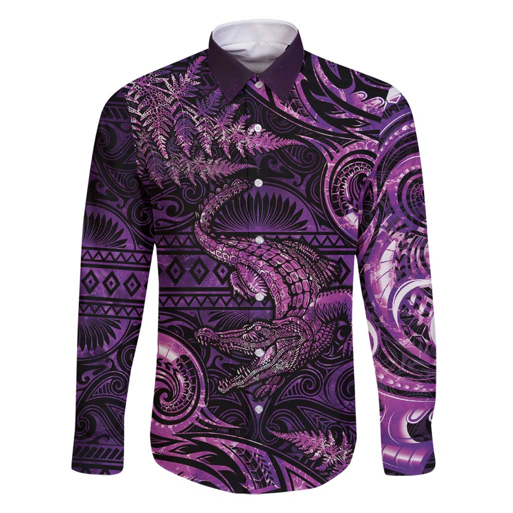 Aotearoa New Zealand Crocodile Family Matching Long Sleeve Bodycon Dress and Hawaiian Shirt Silver Fern Maori Pattern LT05 Dad's Shirt - Long Sleeve Purple - Polynesian Pride