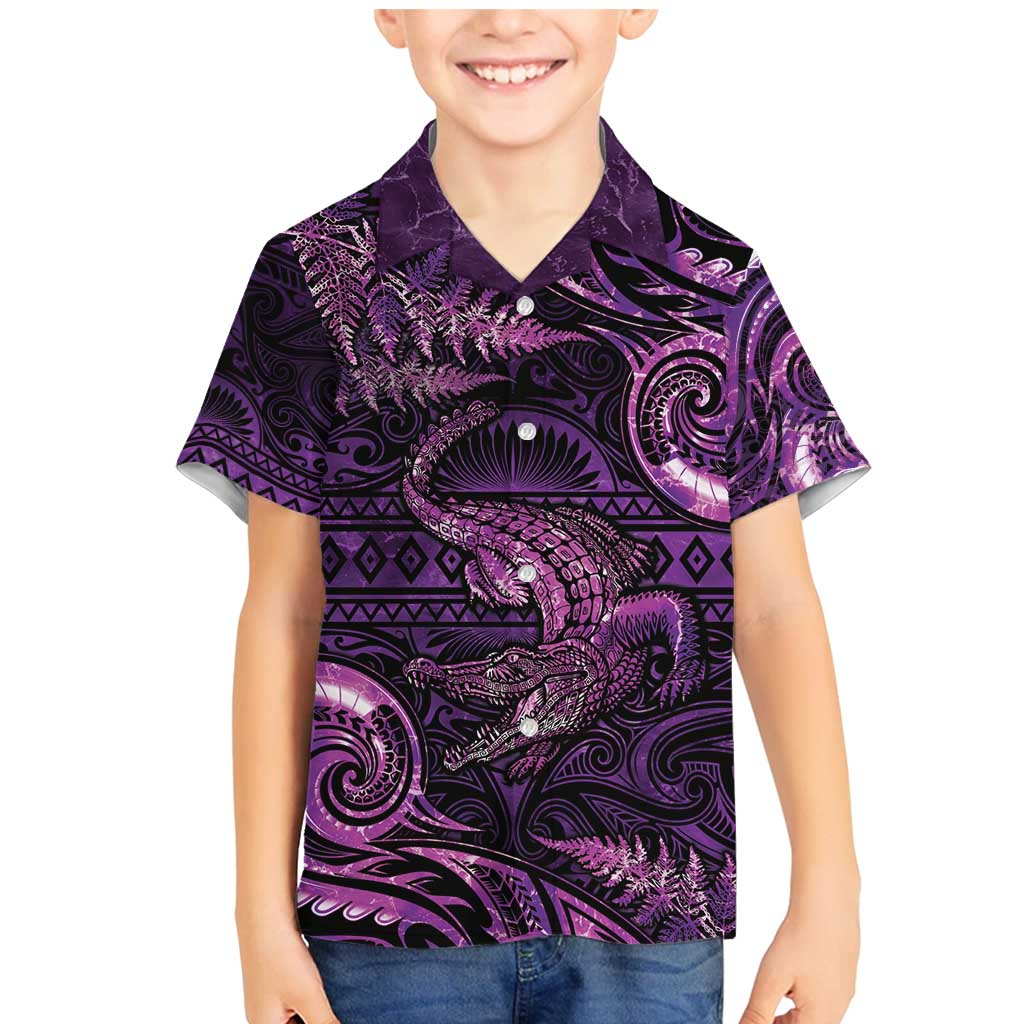 Aotearoa New Zealand Crocodile Family Matching Mermaid Dress and Hawaiian Shirt Silver Fern Maori Pattern LT05 Son's Shirt Purple - Polynesian Pride