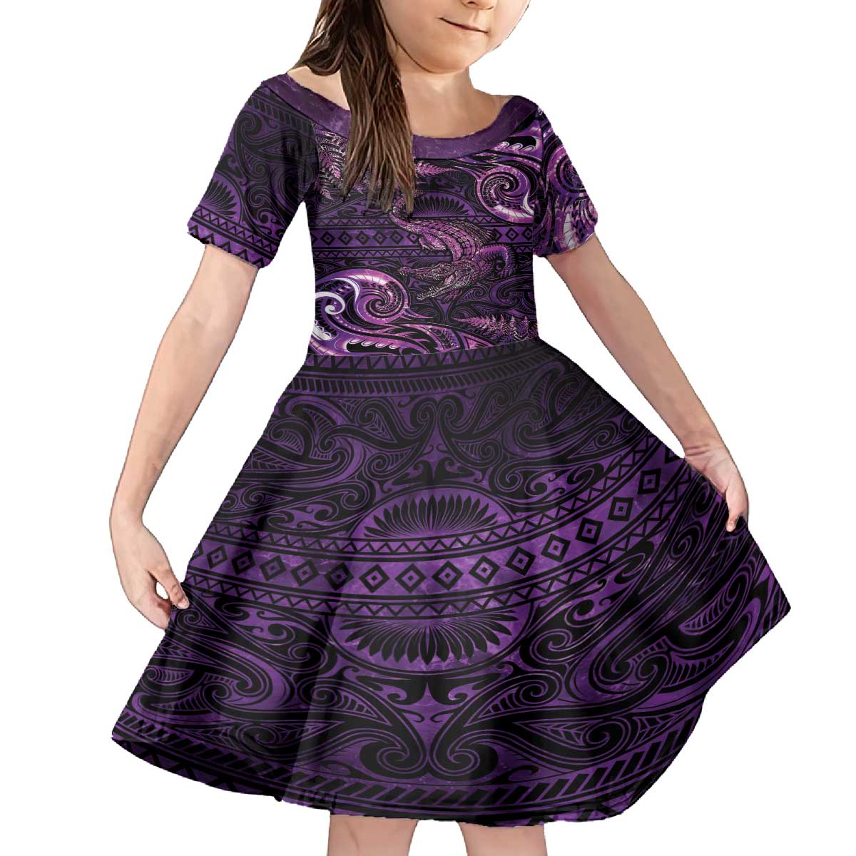 Aotearoa New Zealand Crocodile Family Matching Off The Shoulder Long Sleeve Dress and Hawaiian Shirt Silver Fern Maori Pattern LT05 Daughter's Dress Purple - Polynesian Pride