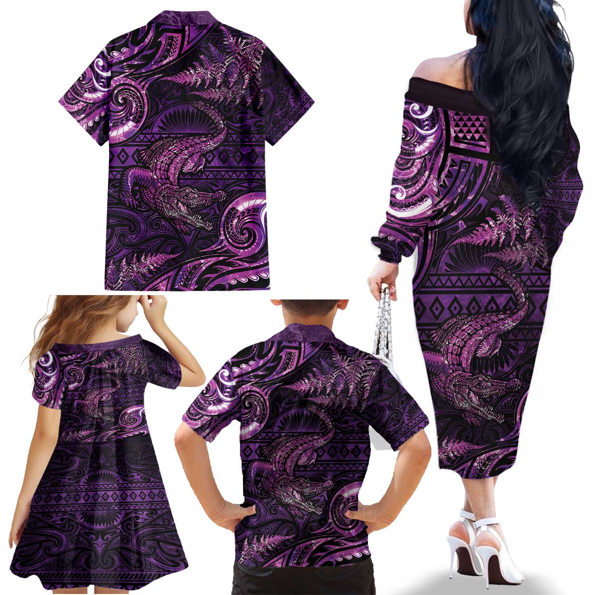 Aotearoa New Zealand Crocodile Family Matching Off The Shoulder Long Sleeve Dress and Hawaiian Shirt Silver Fern Maori Pattern LT05 - Polynesian Pride