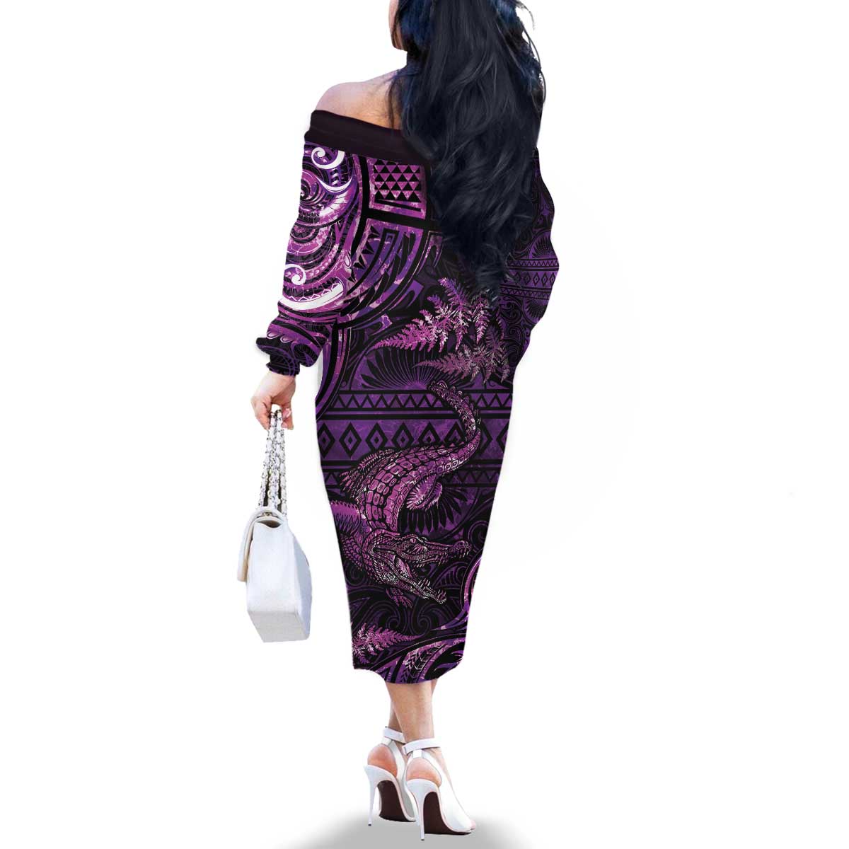Aotearoa New Zealand Crocodile Family Matching Off The Shoulder Long Sleeve Dress and Hawaiian Shirt Silver Fern Maori Pattern LT05 - Polynesian Pride