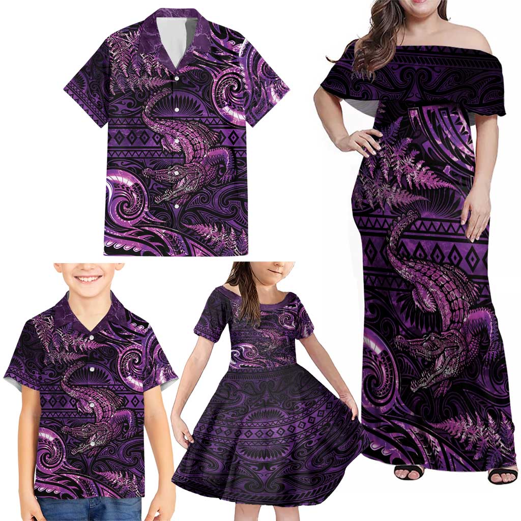 Aotearoa New Zealand Crocodile Family Matching Off Shoulder Maxi Dress and Hawaiian Shirt Silver Fern Maori Pattern LT05 - Polynesian Pride