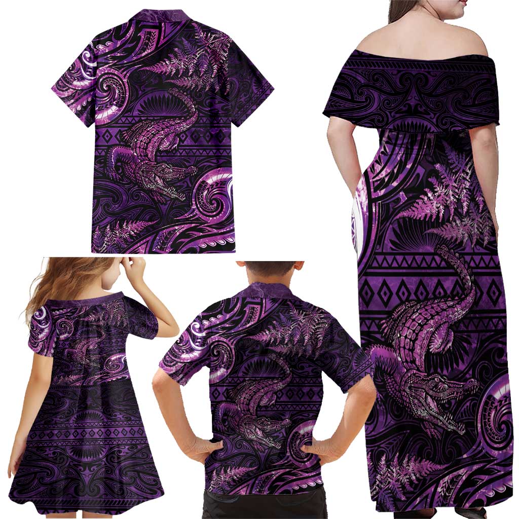 Aotearoa New Zealand Crocodile Family Matching Off Shoulder Maxi Dress and Hawaiian Shirt Silver Fern Maori Pattern LT05 - Polynesian Pride