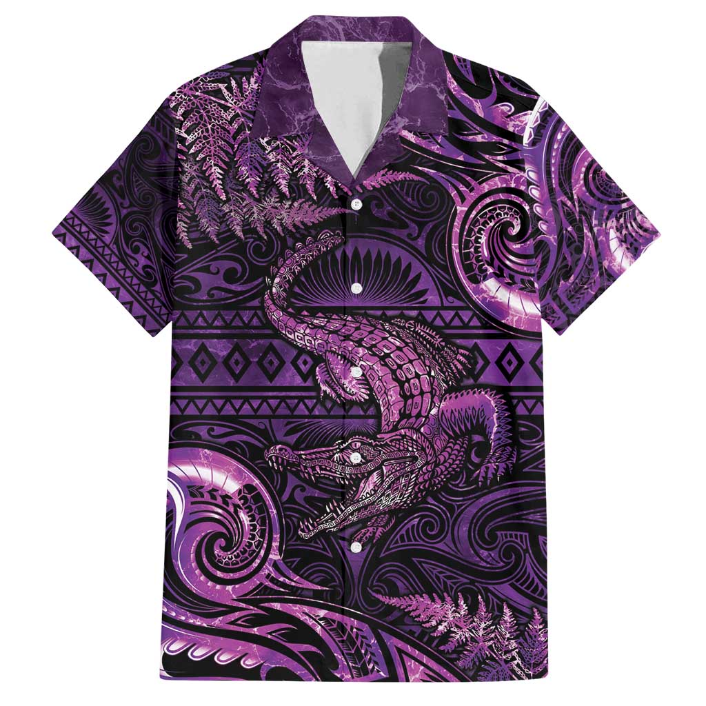 Aotearoa New Zealand Crocodile Family Matching Off Shoulder Maxi Dress and Hawaiian Shirt Silver Fern Maori Pattern LT05 Dad's Shirt - Short Sleeve Purple - Polynesian Pride