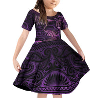 Aotearoa New Zealand Crocodile Family Matching Off Shoulder Short Dress and Hawaiian Shirt Silver Fern Maori Pattern LT05 Daughter's Dress Purple - Polynesian Pride