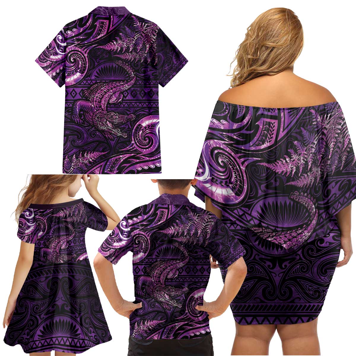Aotearoa New Zealand Crocodile Family Matching Off Shoulder Short Dress and Hawaiian Shirt Silver Fern Maori Pattern LT05 - Polynesian Pride