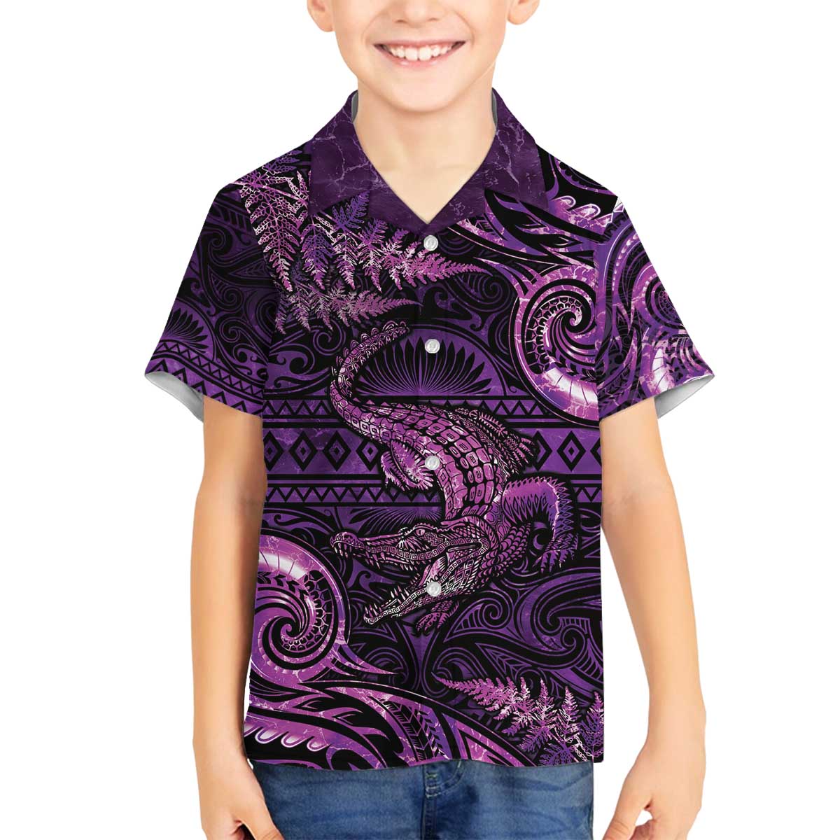 Aotearoa New Zealand Crocodile Family Matching Off Shoulder Short Dress and Hawaiian Shirt Silver Fern Maori Pattern LT05 Son's Shirt Purple - Polynesian Pride