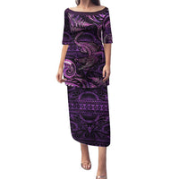 Aotearoa New Zealand Crocodile Family Matching Puletasi and Hawaiian Shirt Silver Fern Maori Pattern LT05 Mom's Dress Purple - Polynesian Pride