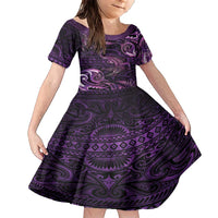 Aotearoa New Zealand Crocodile Family Matching Short Sleeve Bodycon Dress and Hawaiian Shirt Silver Fern Maori Pattern LT05 Daughter's Dress Purple - Polynesian Pride