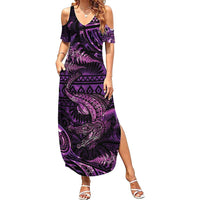 Aotearoa New Zealand Crocodile Family Matching Summer Maxi Dress and Hawaiian Shirt Silver Fern Maori Pattern LT05 Mom's Dress Purple - Polynesian Pride
