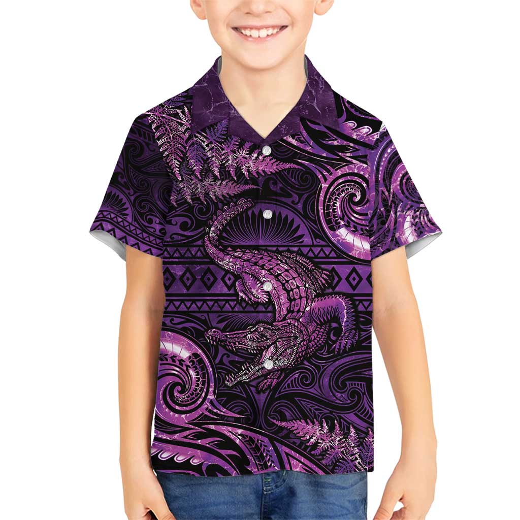 Aotearoa New Zealand Crocodile Family Matching Summer Maxi Dress and Hawaiian Shirt Silver Fern Maori Pattern LT05 Son's Shirt Purple - Polynesian Pride