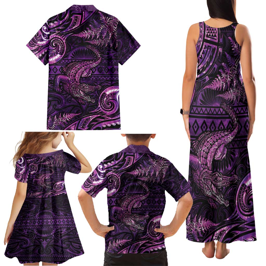 Aotearoa New Zealand Crocodile Family Matching Tank Maxi Dress and Hawaiian Shirt Silver Fern Maori Pattern LT05 - Polynesian Pride