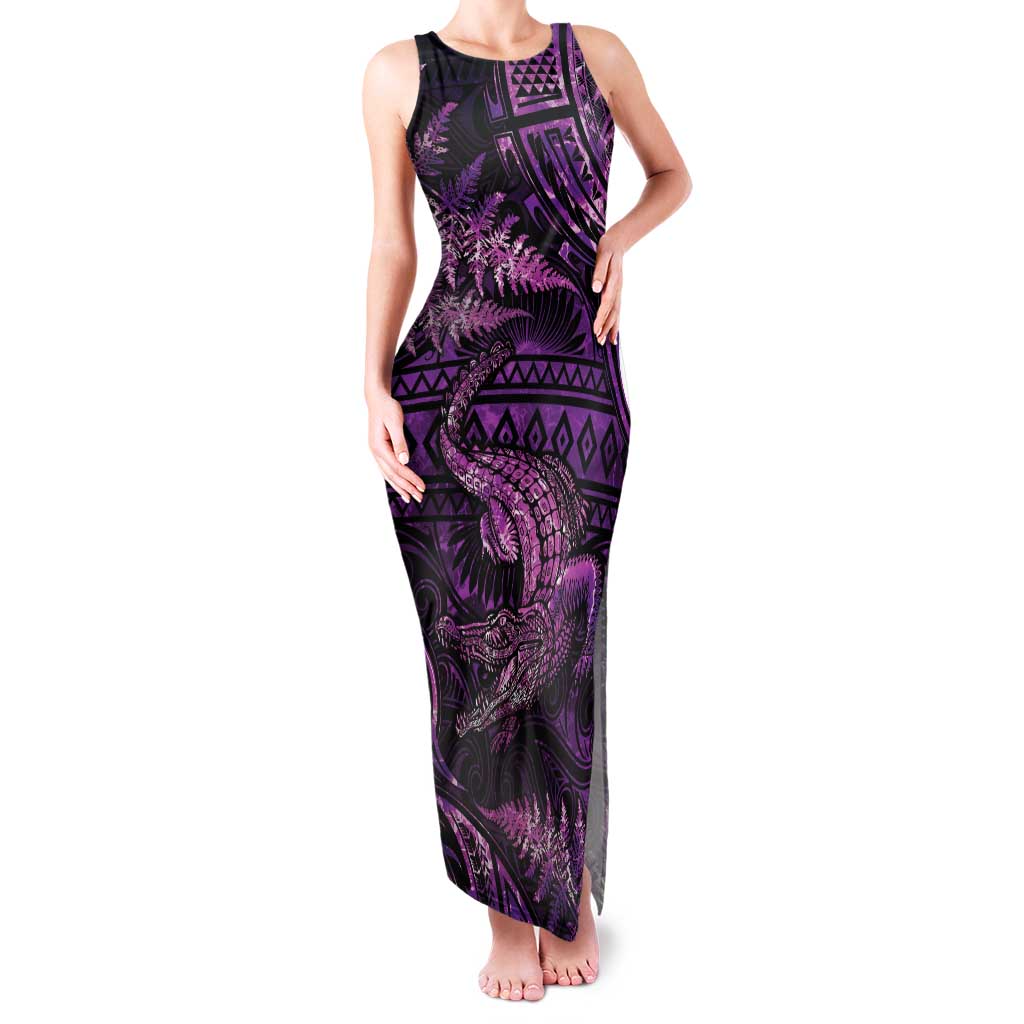Aotearoa New Zealand Crocodile Family Matching Tank Maxi Dress and Hawaiian Shirt Silver Fern Maori Pattern LT05 Mom's Dress Purple - Polynesian Pride