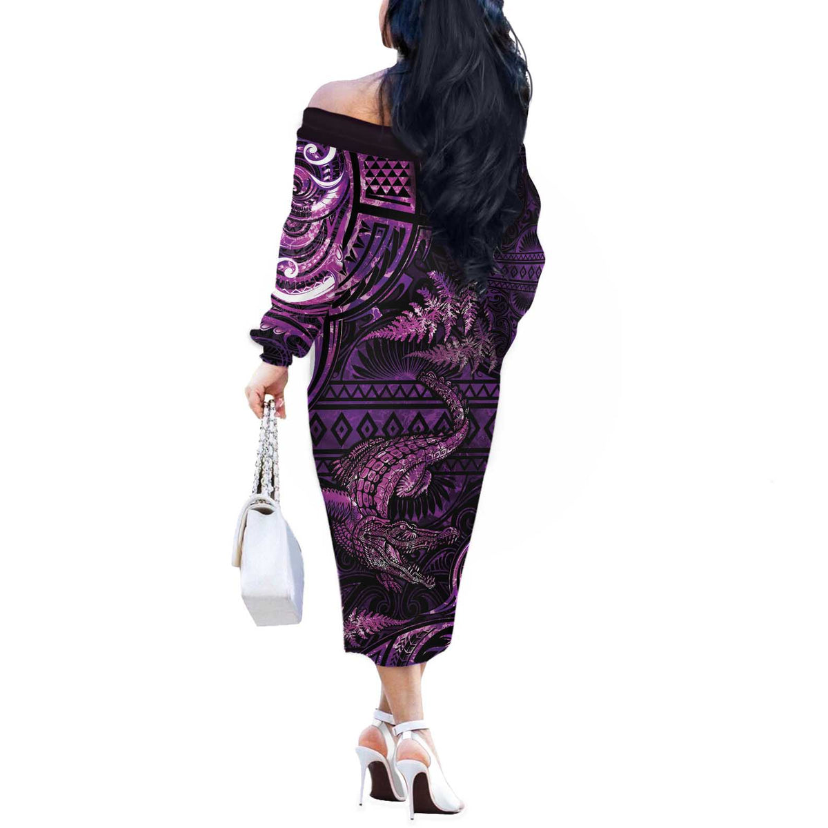 Aotearoa New Zealand Crocodile Off The Shoulder Long Sleeve Dress Silver Fern Maori Pattern