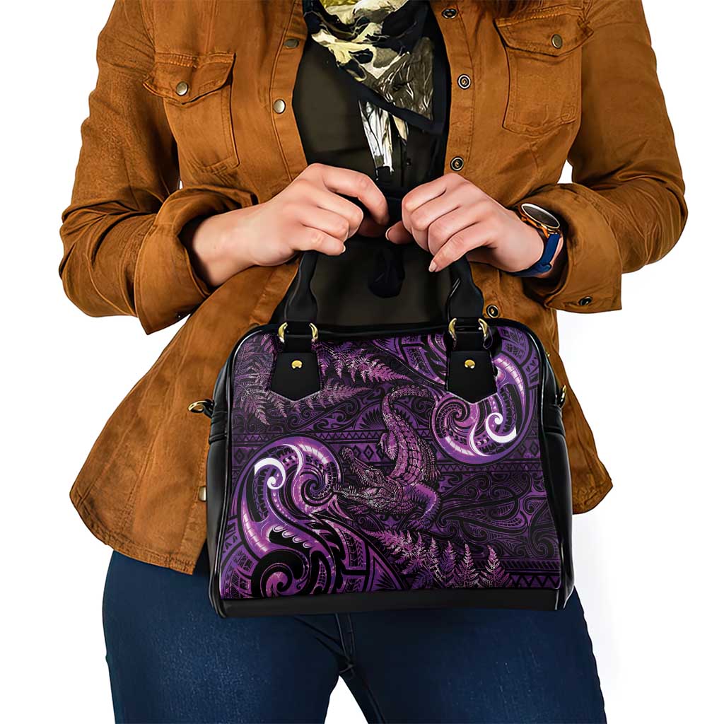 Aotearoa New Zealand Crocodile Shoulder Handbag Silver Fern Maori Pattern