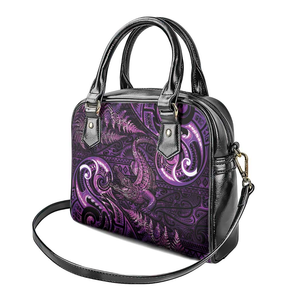 Aotearoa New Zealand Crocodile Shoulder Handbag Silver Fern Maori Pattern