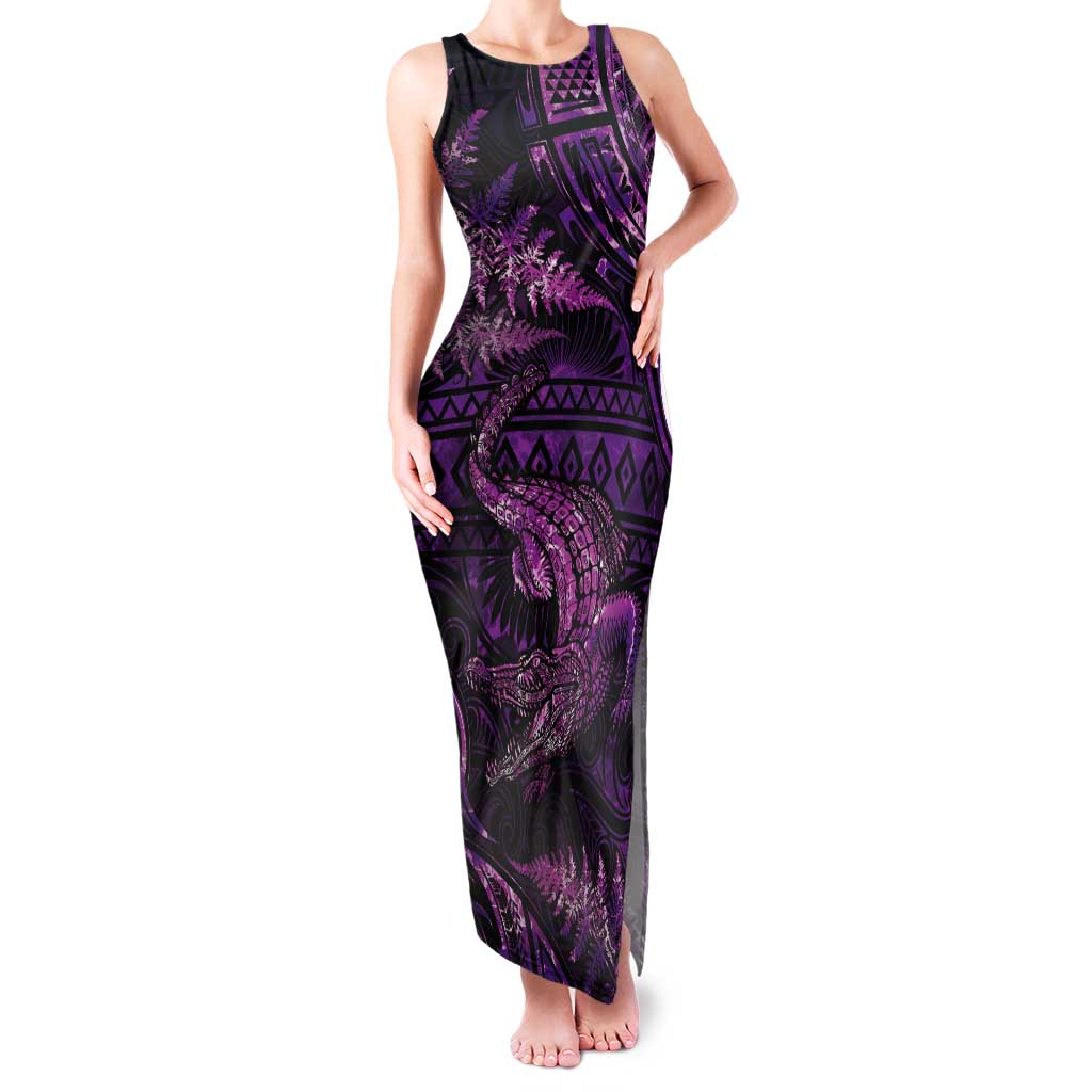 Aotearoa New Zealand Crocodile Tank Maxi Dress Silver Fern Maori Pattern