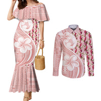 Samoa Teuila Couples Matching Mermaid Dress and Long Sleeve Button Shirt Pink Samoan Siapo Motifs
