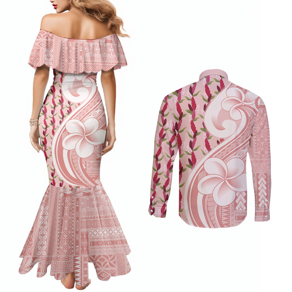 Samoa Teuila Couples Matching Mermaid Dress and Long Sleeve Button Shirt Pink Samoan Siapo Motifs
