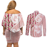 Samoa Teuila Couples Matching Off Shoulder Short Dress and Long Sleeve Button Shirt Pink Samoan Siapo Motifs